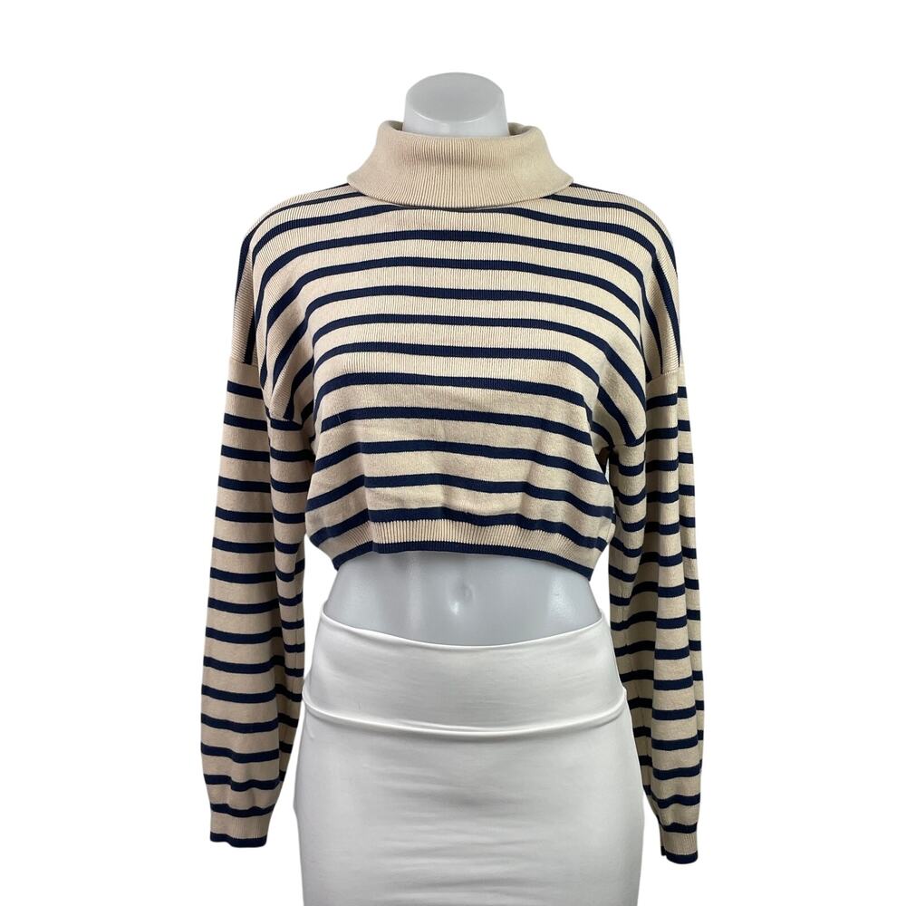 Lulus Womens Beige Black Striped Turtleneck Long Sleeve Cropped Sweater Top Sz S